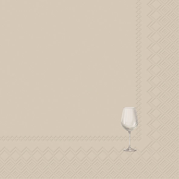 IHR luncheon napkin in taupe with a wine glass and a diamond patterned border