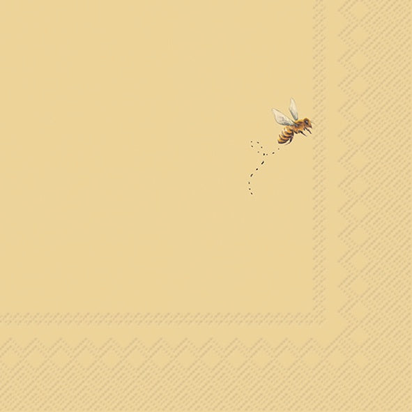 IHR luncheon napkin in golden yellow with a single small flying bee