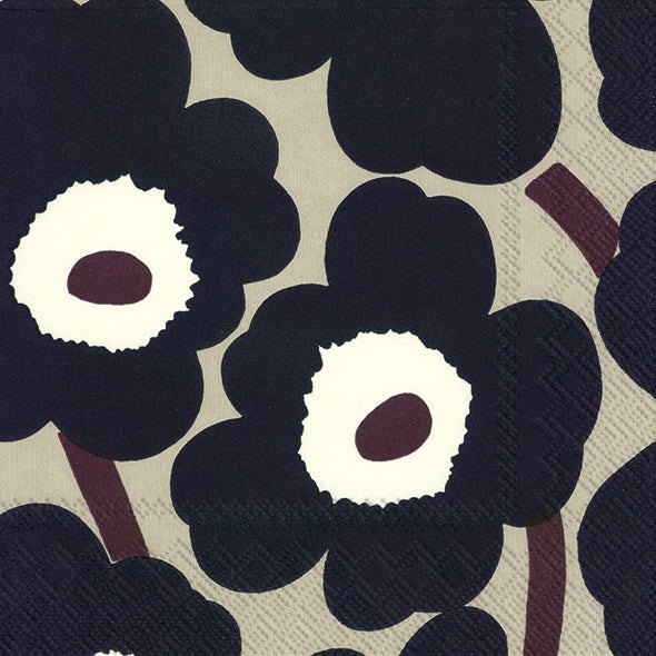 IHR luncheon napkin with a Marimekko Unikko poppy pattern in navy and cream on linen