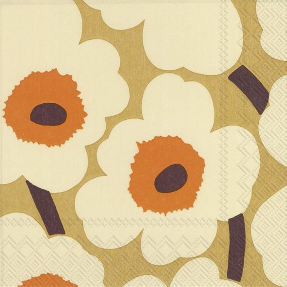 IHR luncheon napkin with a Marimekko Unikko poppy pattern in cream and orange on a gold background