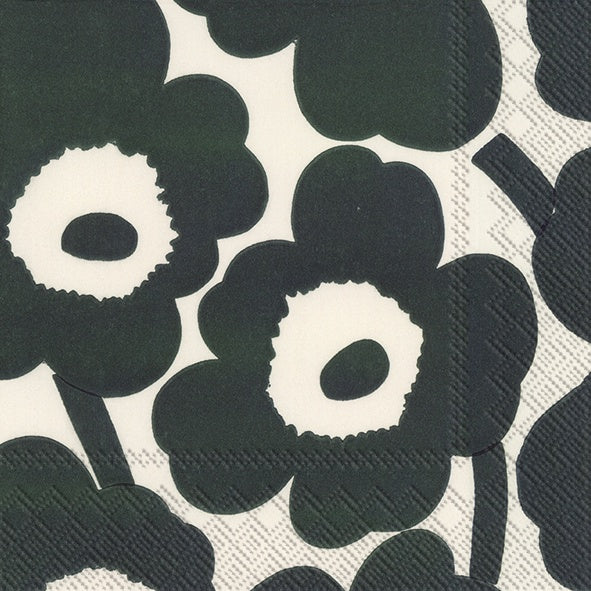 IHR luncheon napkin with a large Marimekko Unikko poppy pattern in dark green on cream