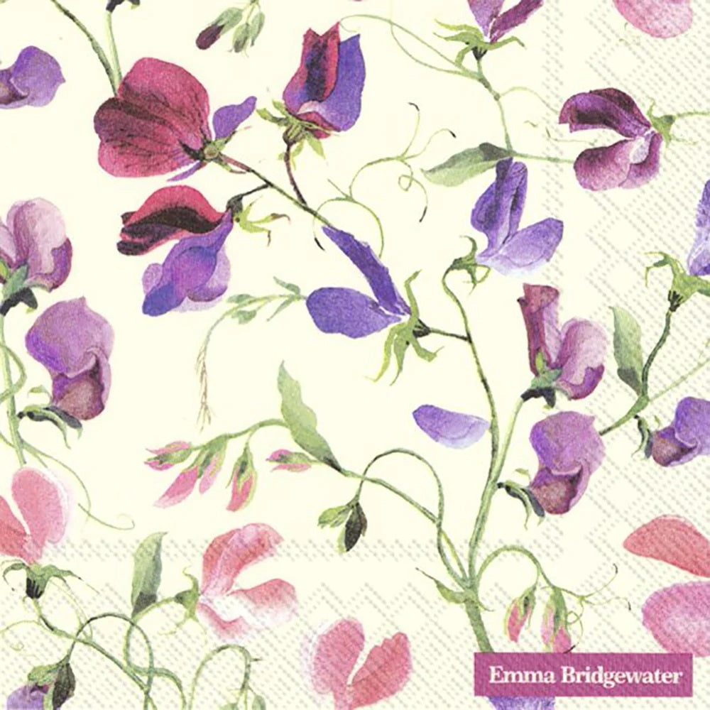 IHR Sweet Pea Cream Emma Bridgewater luncheon napkin with a painted sweet pea design