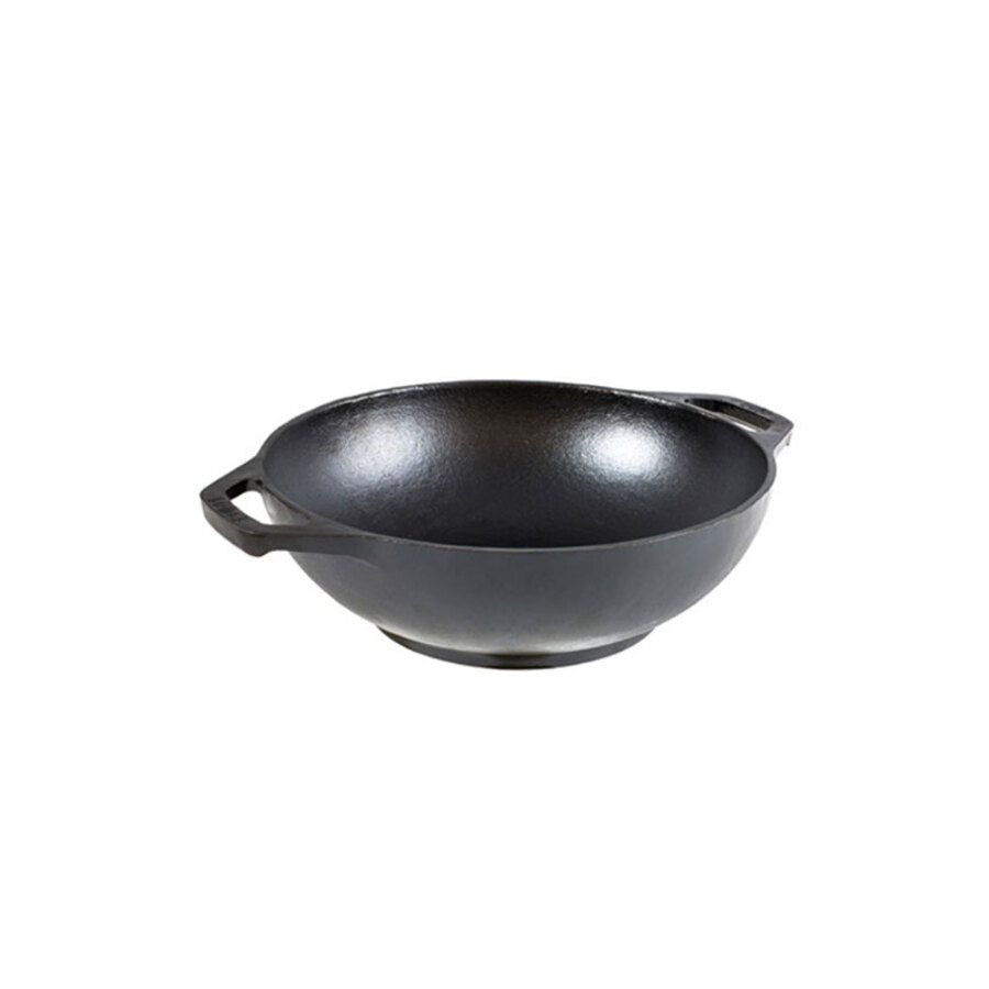 Lodge mini wok in black cast iron with two side handles