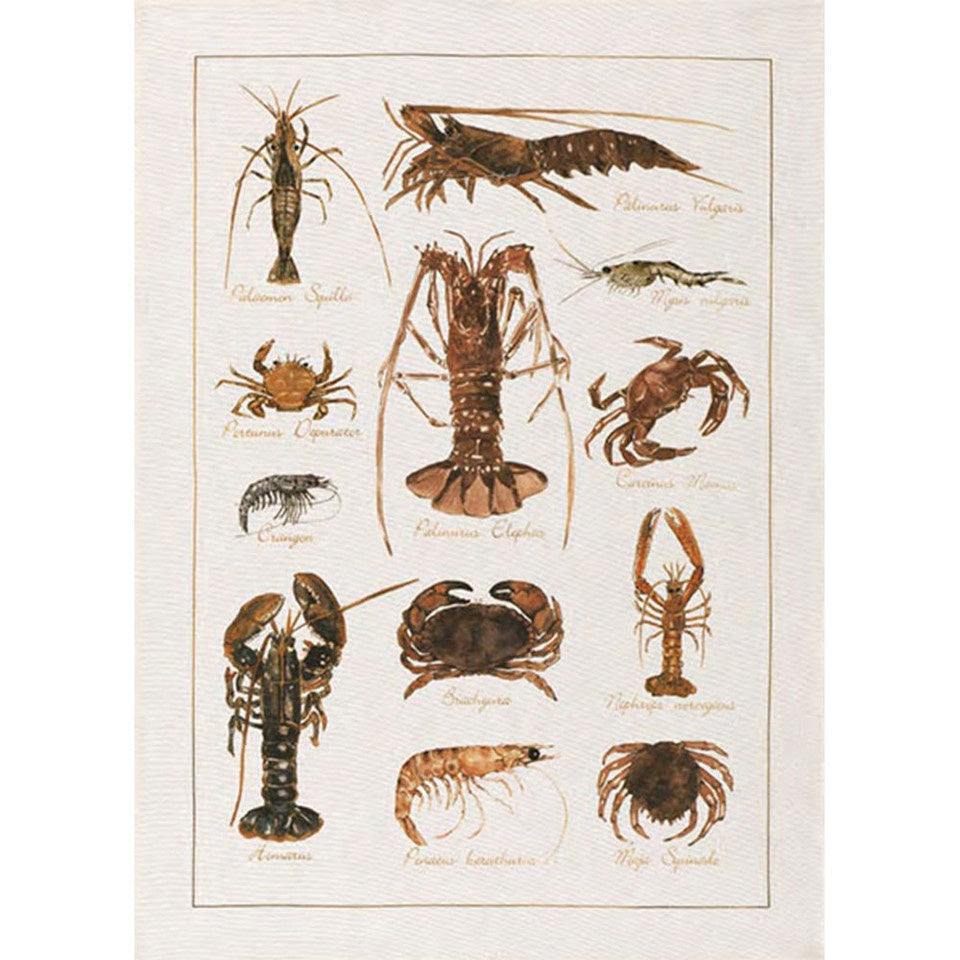Tessitura Toscana Telerie linen tea towel printed with an illustrated chart of crabs, lobsters and prawns