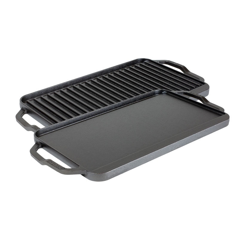 Lodge Pro reversible griddle in black cast iron with flat and ridged sides