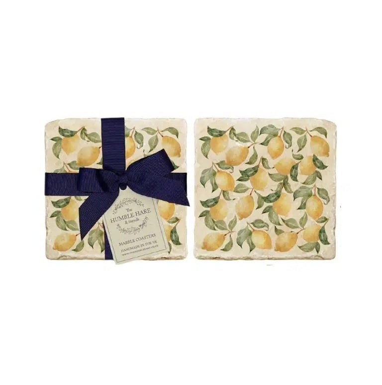 The Humble Hare Lemons coasters, a set of two stone tiles with a lemon print, tied with ribbon