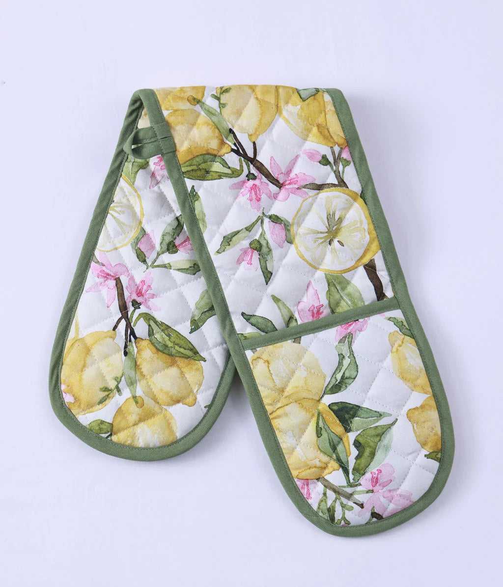 Limone double oven glove with a quilted lemon and pink blossom print and green trim