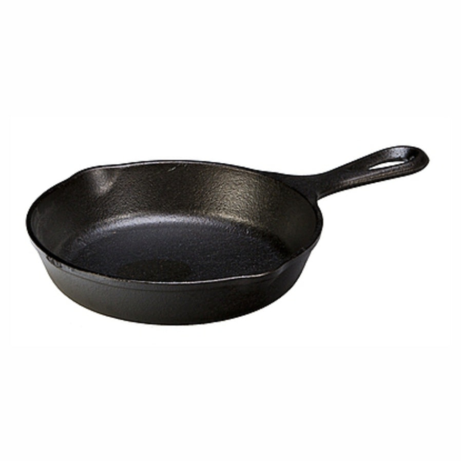 Lodge cast iron skillet in black with a loop handle and pour spouts