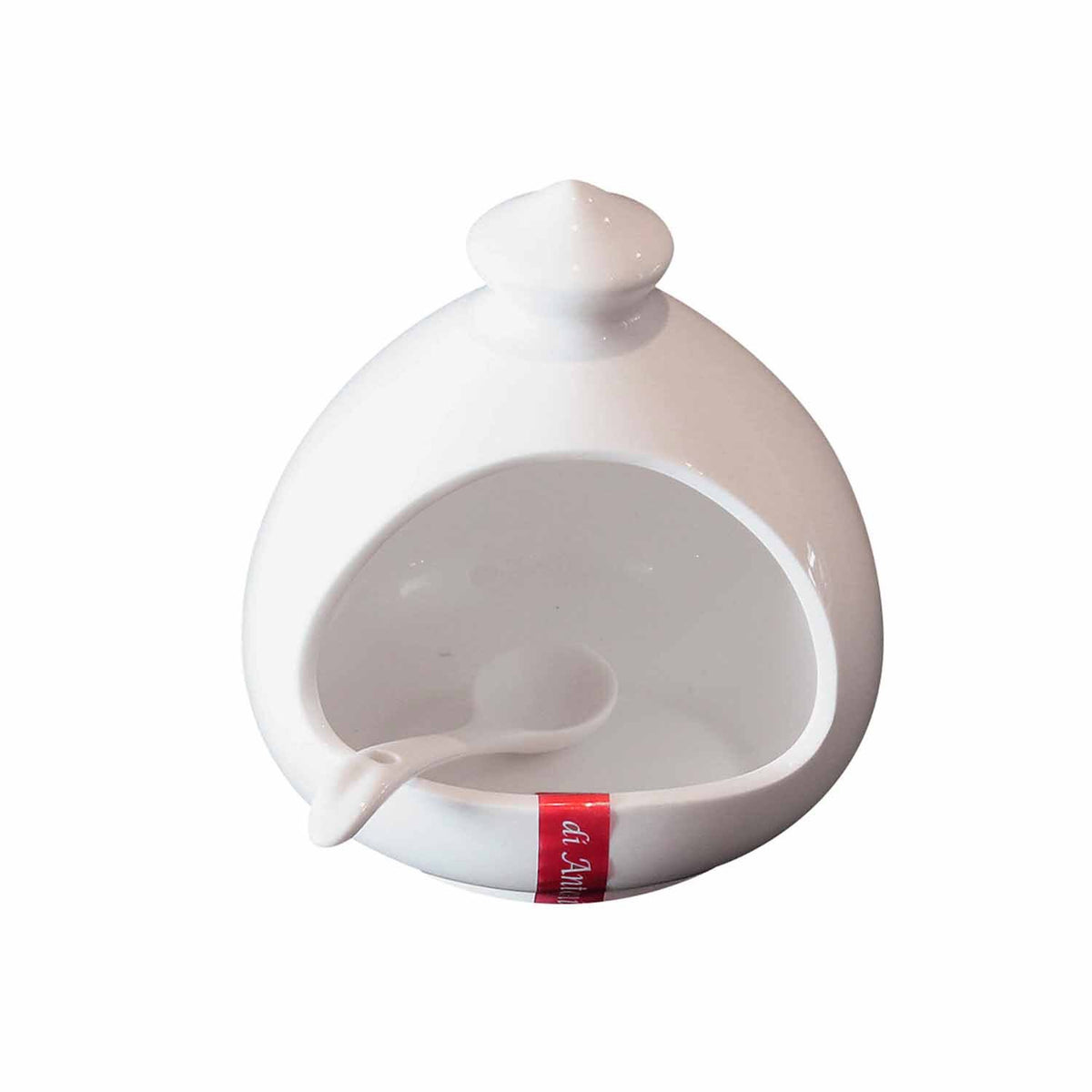 Di Antonio white porcelain salt pig and spoon, 140mm, with a curved opening and a red ribbon tag