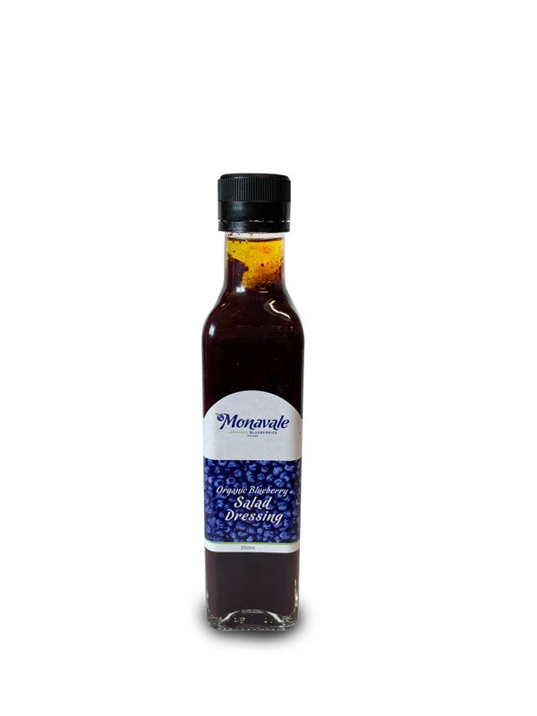 Monavale organic blueberry salad dressing, 250ml, in a glass bottle