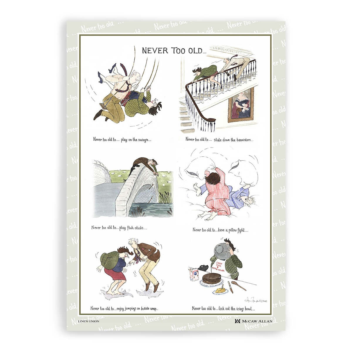 Samuel Lamont Never Too Old tea towel with six comic panels of an older couple's antics