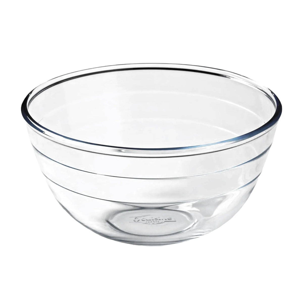 O'Cuisine glass mixing bowl with a rounded body and a moulded base