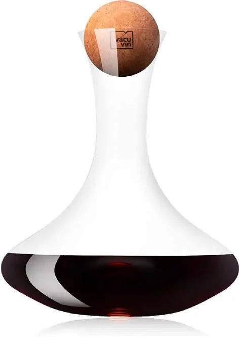 Vacu Vin wine decanter with a cork ball stopper, shown with red wine in the base