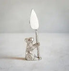 Old Mill Road Standing Guard mouse cheese knife, a silver mouse figure holding a leaf-shaped blade