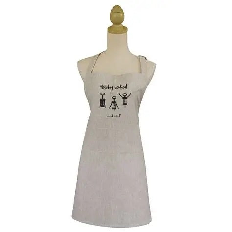 Linens & More Holiday Workout apron in grey linen with an illustrated exercising figure design