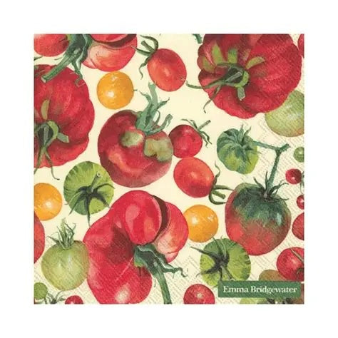 IHR luncheon napkin with an illustrated tomato pattern in red, orange and green