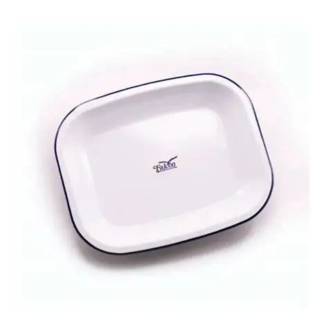 Falcon Enamelware mini open roaster in white with a navy rim, 26cm