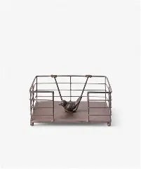 French Country bird napkin holder, a small wire frame on a wooden base with a bird detail