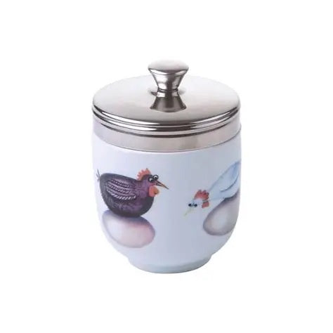 Bia porcelain egg coddler in white with a chicken design and a steel lid
