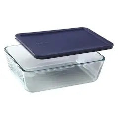 Kitchen Classics rectangle glass container with a blue lid, 1.4L
