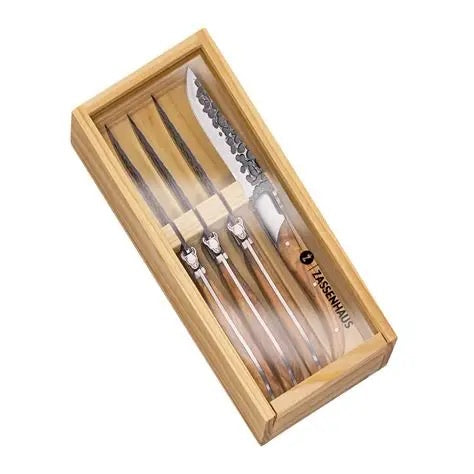 Zassenhaus Bulls Head steak knife set, four, shown in a wooden box