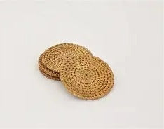 Barville natural rattan round coasters in brown, a stack of two with a woven spiral