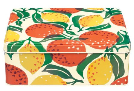 Emma Bridgewater deep rectangle tin with an Oranges & Lemons design of fruit and green leaves