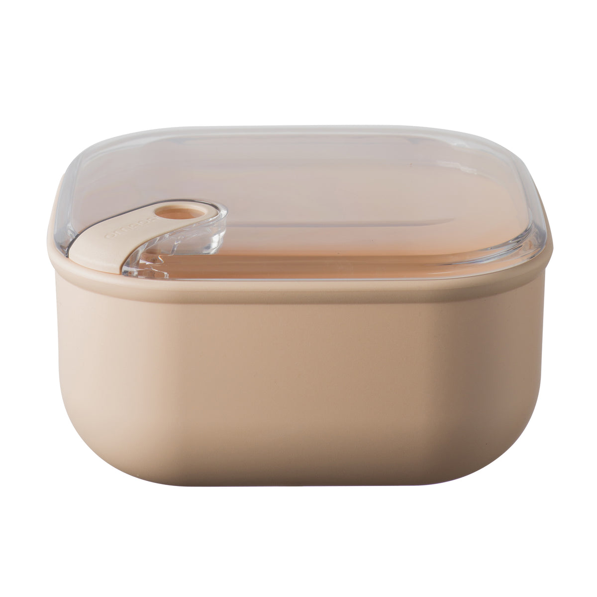 Omada Design Pull Box, a square food container in blush beige with a clear lid and a vent