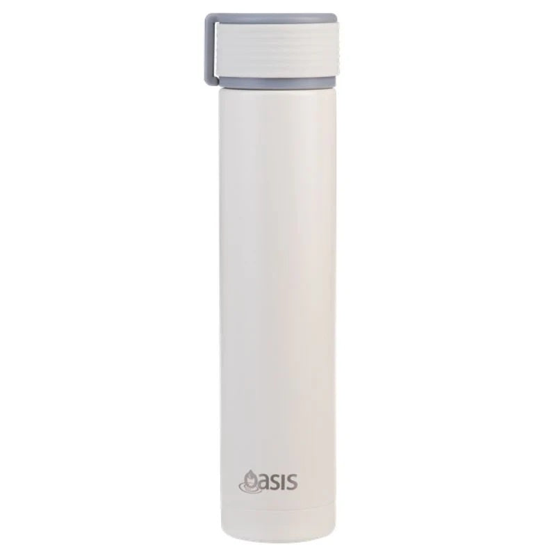 Oasis Skinny Mini stainless steel drink bottle in white with a grey lid