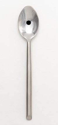 Salisbury brushed olive spoon in stainless steel with a slotted bowl