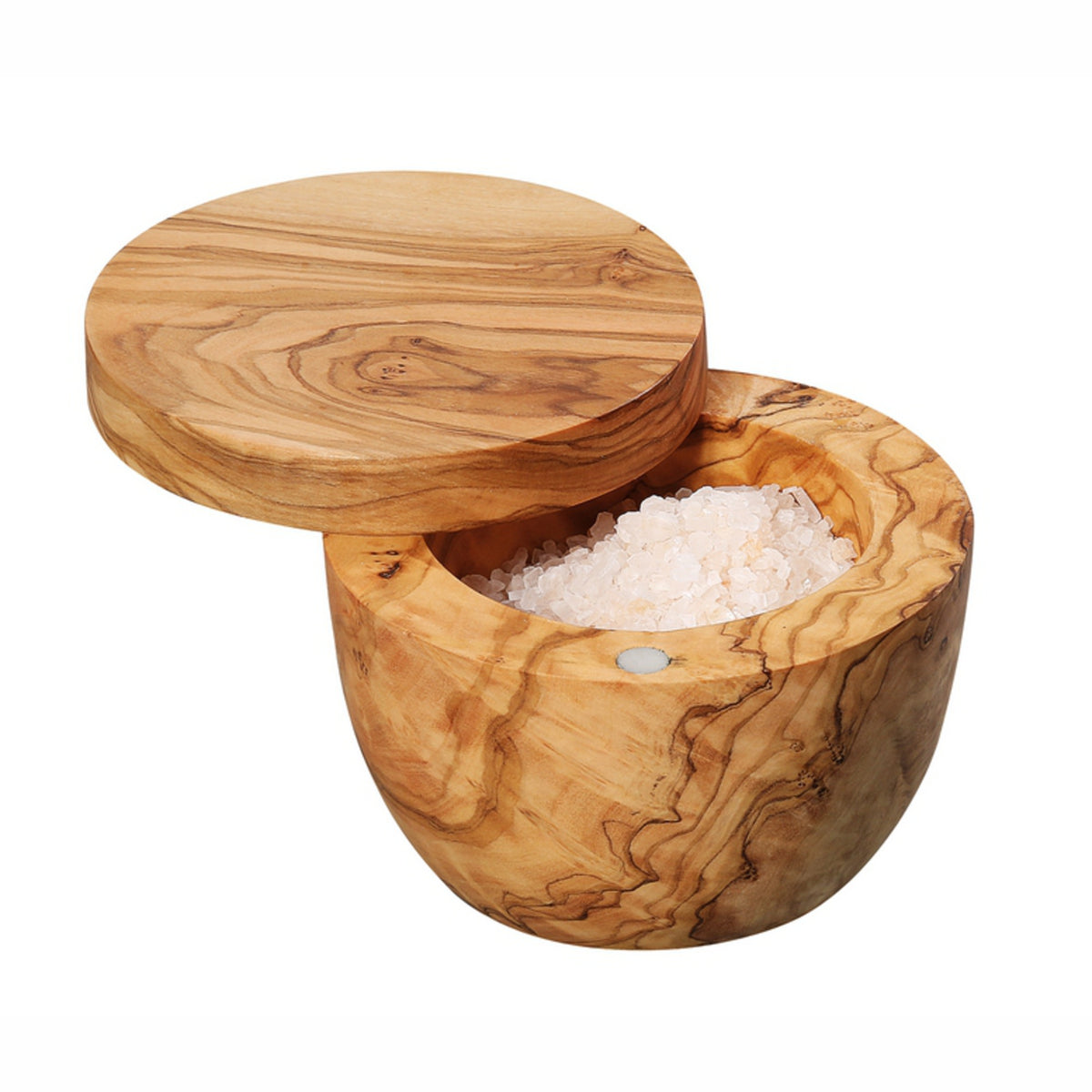 Zassenhaus olive wood salt pig with a swivel lid, shown open with coarse pink salt