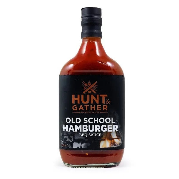 Hunt & Gather Old School Hamburger BBQ Sauce in a glass bottle with a black label