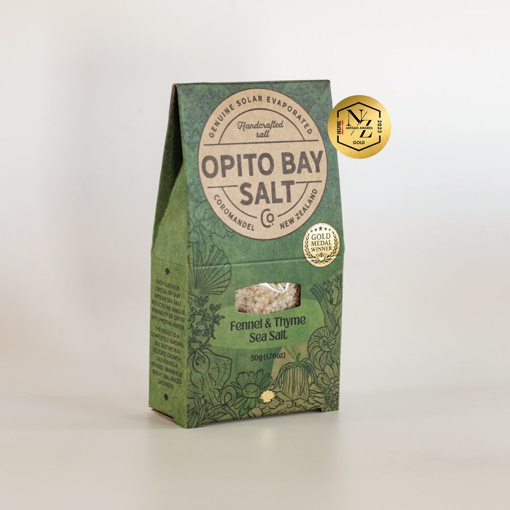 Opito Bay Salt Fennel & Thyme sea salt, a 50g green kraft pack with a gold medal