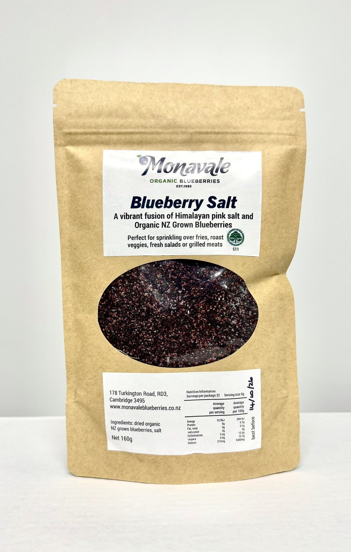Monavale Blueberry Salt, a kraft pack of pink salt with dried blueberries