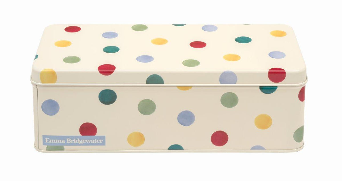 Emma Bridgewater Polka Dot long deep rectangle tin with multicoloured spots