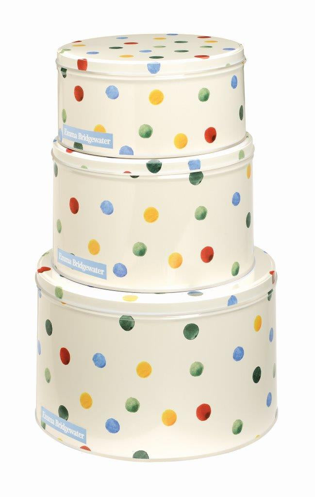 Emma Bridgewater Polka Dot round cake tins, a nested stack of three in multicoloured spots on cream
