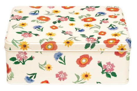 Emma Bridgewater deep rectangle bakery tin with a Poppies design of red, orange and blue flowers on cream