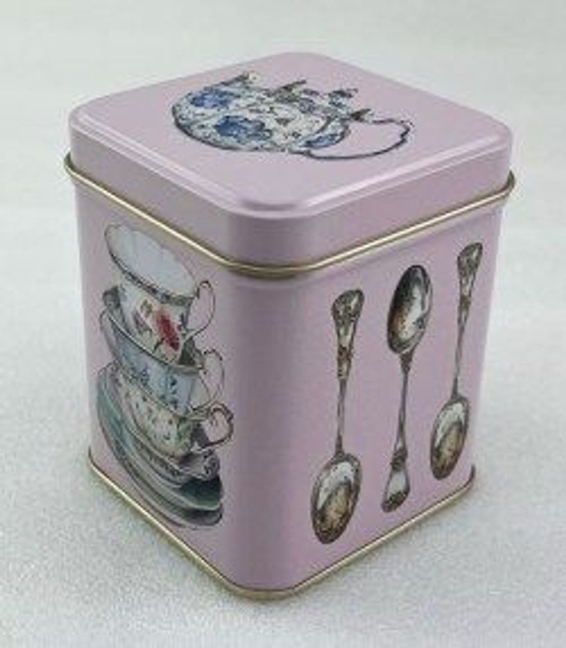 Elite One Sugar square tea caddy in pink with teacups and spoons and a lid