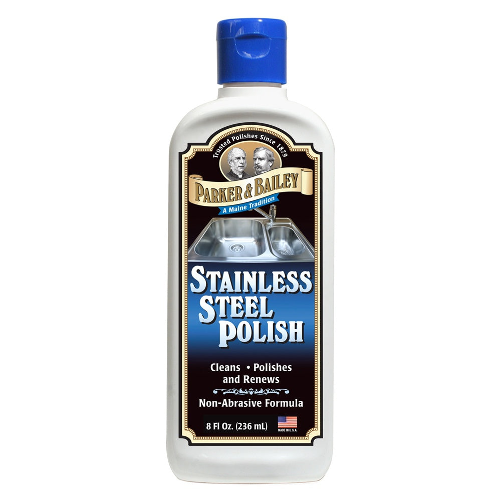Parker & Bailey Stainless Steel Polish, an 8 fl oz bottle in white and blue with a black label