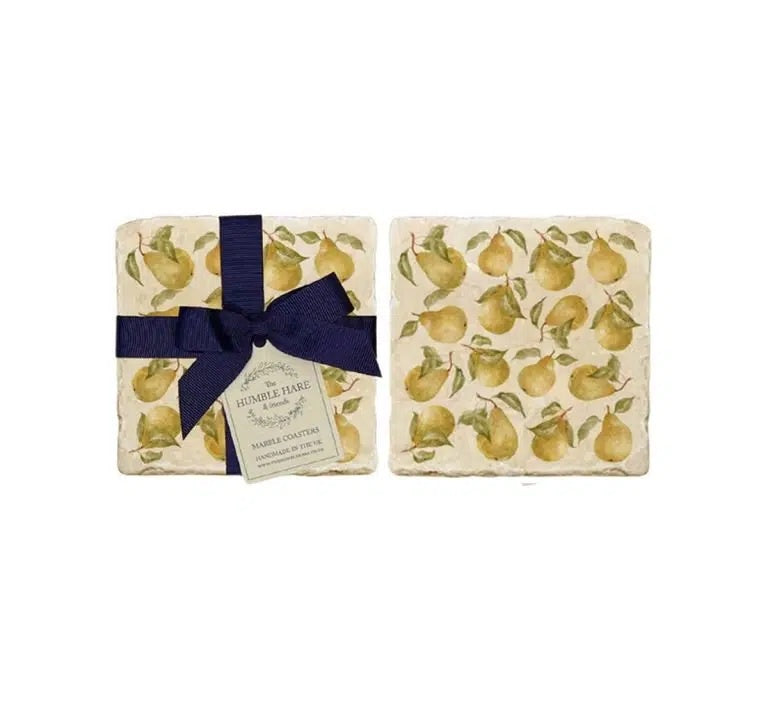 The Humble Hare Pears coasters, two stone coasters printed with pears, one tied with a navy ribbon