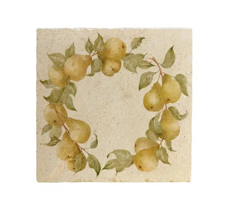 The Humble Hare Pears wreath medium platter, a square stone tile printed with a ring of pears and leaves