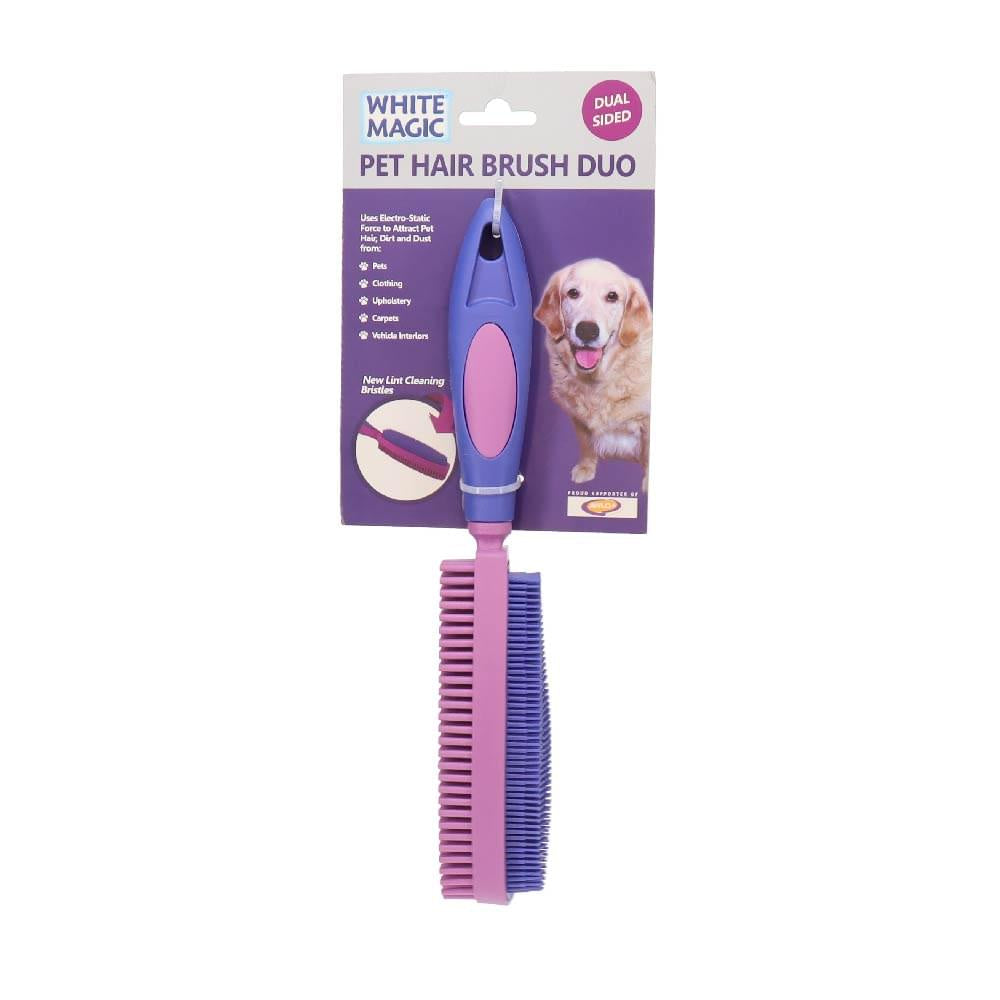White Magic dual-sided pet hair brush duo in purple, shown on its retail card