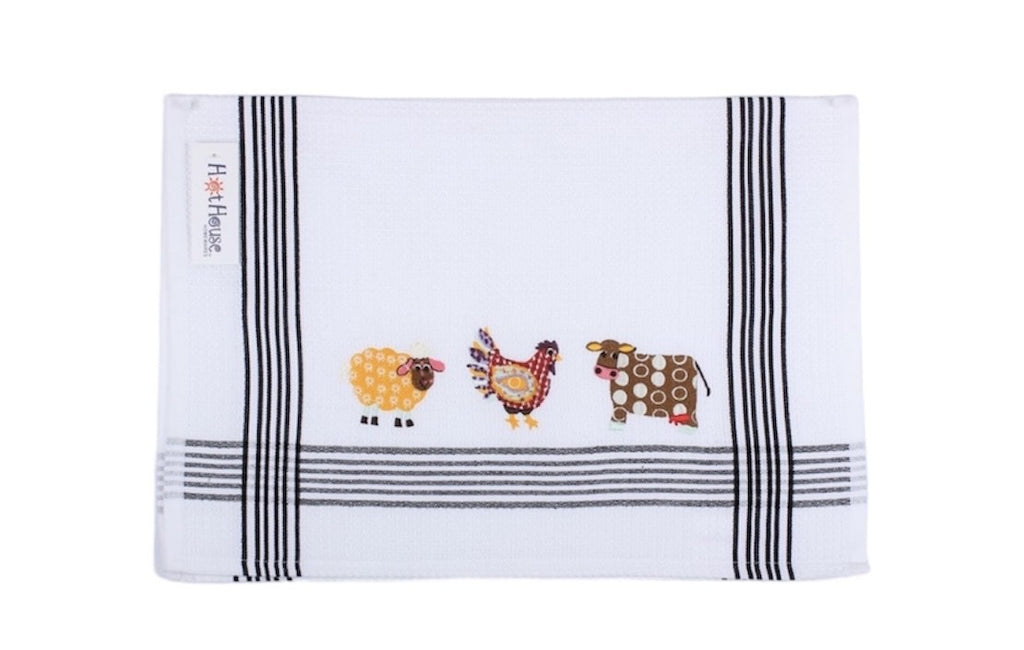 HotHouse embroidered tea towel in white with black stripes and a sheep, hen and cow at the hem