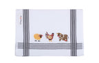 HotHouse embroidered tea towel in white with black stripes and a sheep, hen and cow at the hem