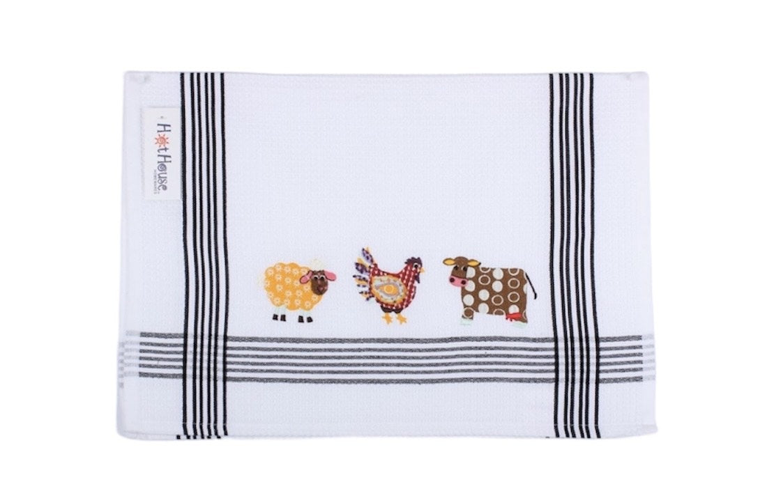 HotHouse embroidered tea towel in white with black stripes and a sheep, hen and cow at the hem