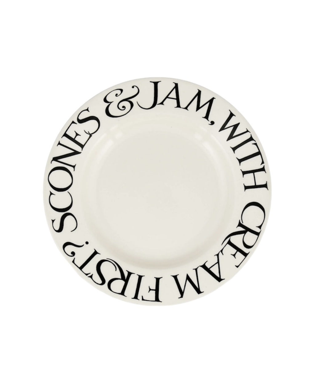 Emma Bridgewater 8 1/2 inch Black Toast plate with the words Scones & Jam, with cream first? around the rim