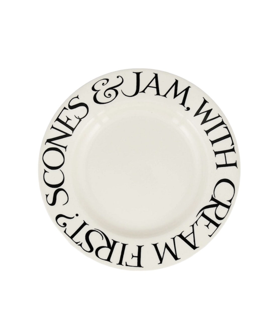 Emma Bridgewater 8 1/2 inch Black Toast plate with the words Scones & Jam, with cream first? around the rim
