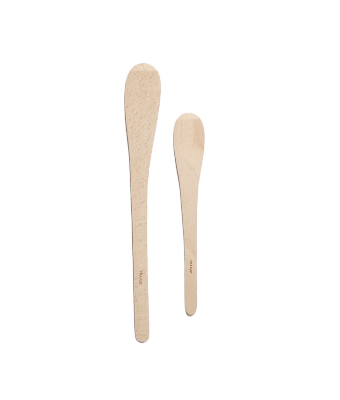 French Woodware rounded flat spatulas, a pair in pale beechwood