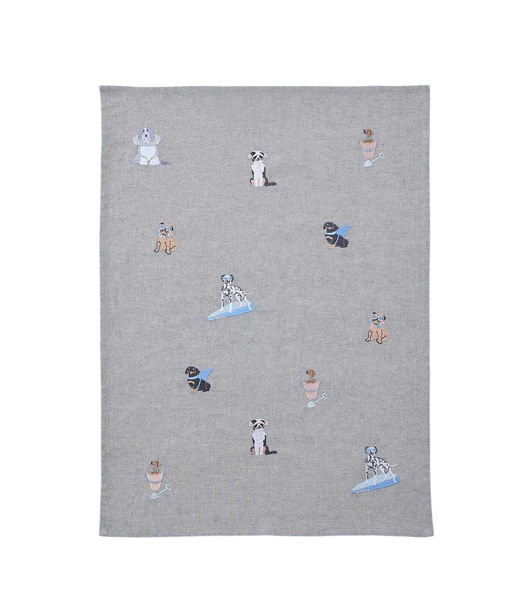 MM Linen Beach Dogs tea towel in grey with illustrated dogs on holiday