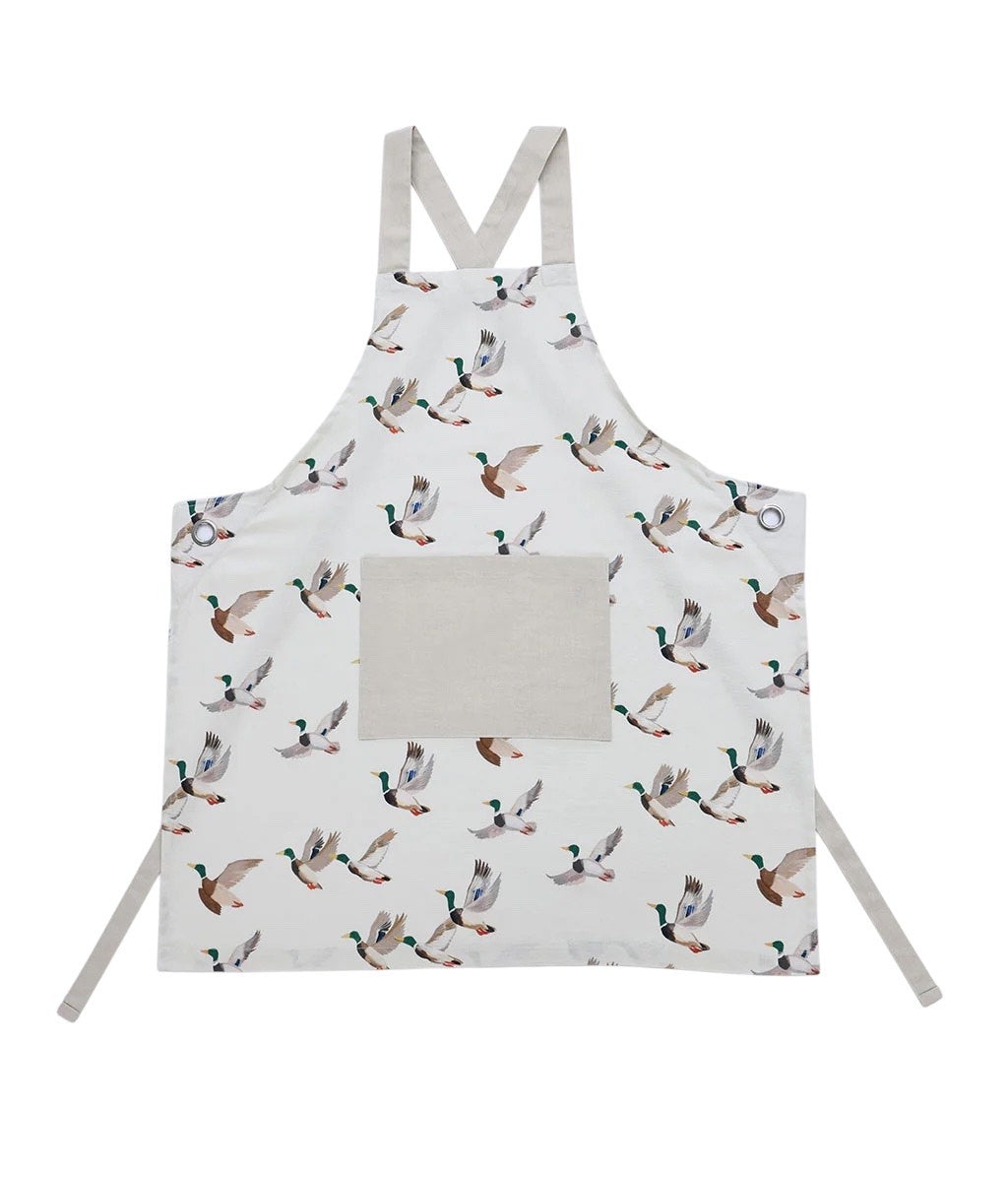 MM Linen Mallard apron with an illustrated duck print
